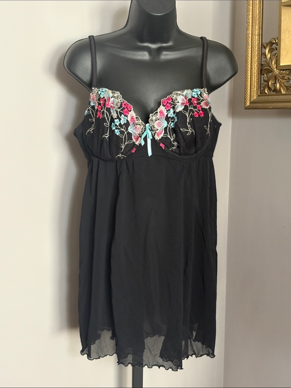 Cacique 14 16 Black Embroidered Floral Babydoll Chemise